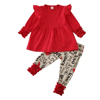 

2020 Toddler Newborn Kids Baby Girl Clothes Red Tops T-shirt Letter Print Pants Spring Fall Outfits 2psc Clothes Set