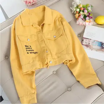 

Women's Spring autumn turn down collar cowboy word print short jacket Female single breasted hip-hop style tops blouse TB3568