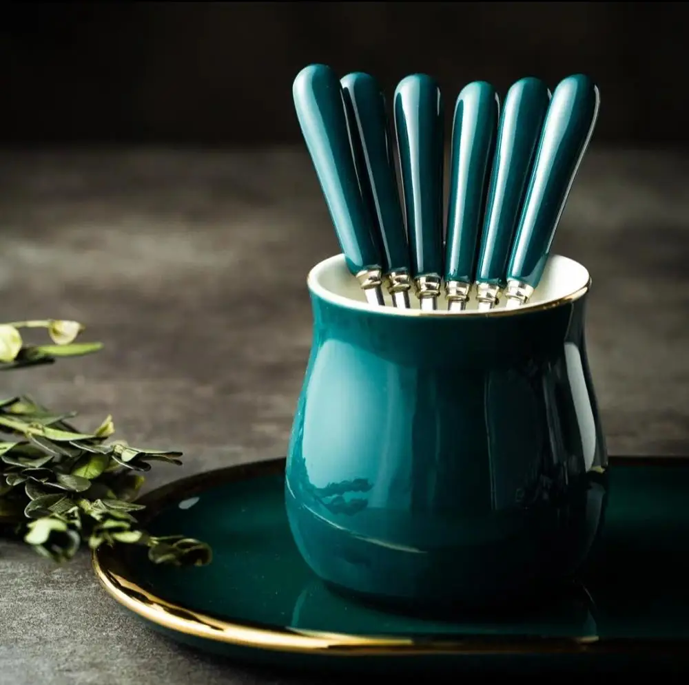 6 forks and pot Набор милых вилок из нержавеющей стали, выбор фруктов, десерт, кофе, керамические ручки, вечерние принадлежности для детей - Цвет: 6 forks and pot
