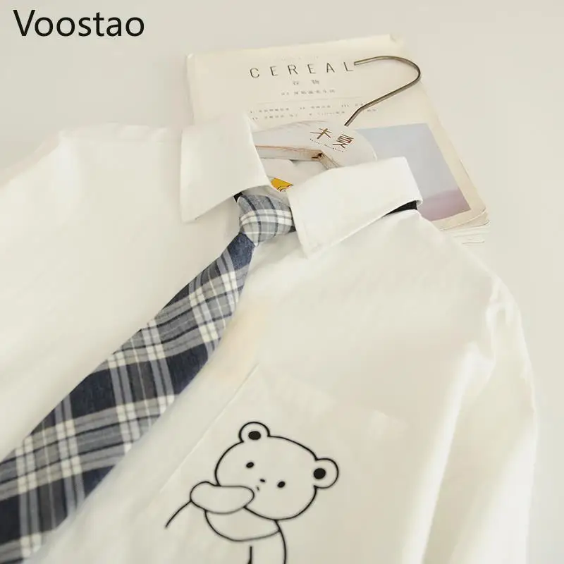 Preppy Style Couple Blouses Women Men Harajuku Bear Embroidery JK Shirts Necktie Loose Lolita Blouse Tops Blusas Mujer De Moda 3