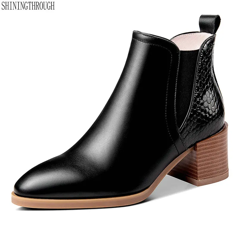 

Genuine leather Women ankle Boots 5.5cm high heels shoes woman Boots office Ladies dress work Shoes Woman size 41 42