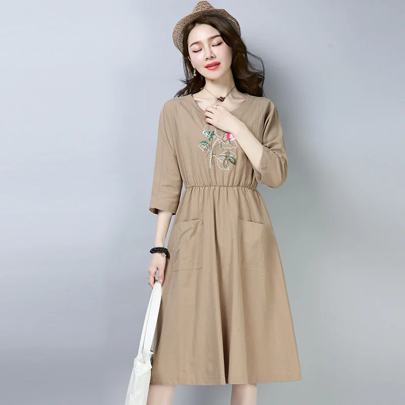 

2018 Summer New Style Ethnic-Style Cotton Linen Dress Three-quarter-length Sleeve Embroidery Elastic Waist Medium-length Dress W