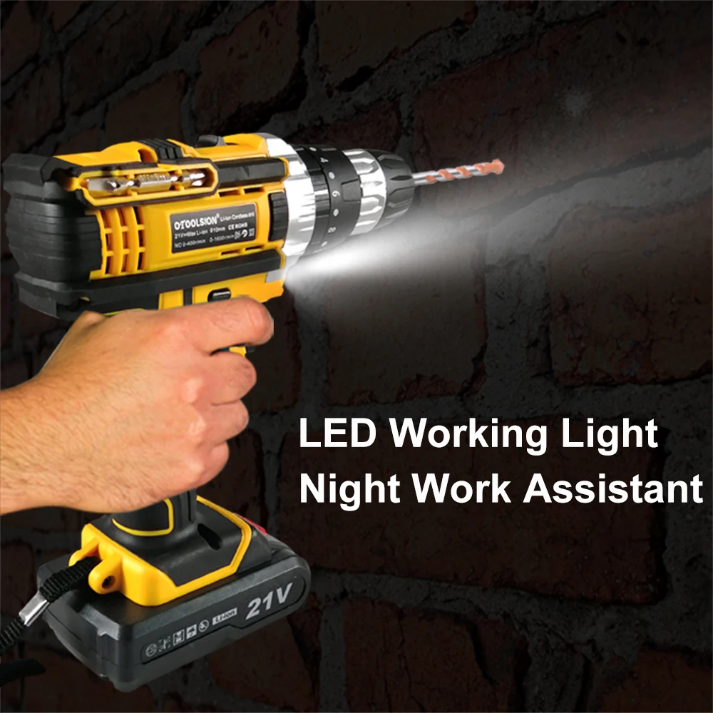 Variable Speed 21V Impact Electric Drill Impact Screwdriver Drill Impact Hammer Cordless Drill Wireless Tool Multi-function Bag 