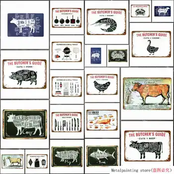 

Butchery Vintage Metal Guide Signs Cut Beef Chicken Pig Duck Kitchen Poster Decorative Plaques Wall Plate Stickers N