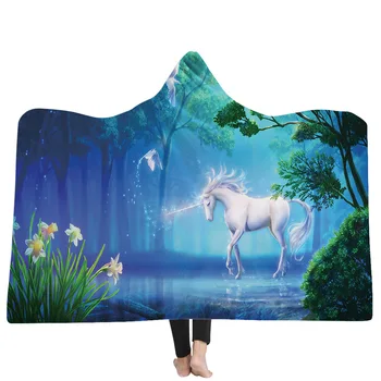 

Cartoon Unicorn Blankets Blue Horse 3D Printed Plush Hooded Blanket for Adults Watching TV Warm Wearable Fleece Throw Blankets