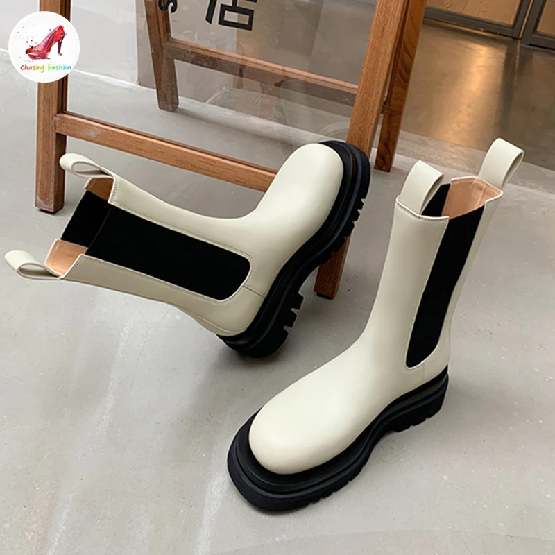 正規 品 買取 厚底の本革の女性用厚底ブーツ 白 ファッショナブル 冬用プラットフォーム 滑り止め 茶色 Mid Calf Cozek Boots 通販 価格 Pnlp Sn