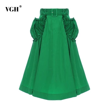 

VGH Casual Patchwork Pockets Women Skirt High Waist With Sashes Ruched Elegant Skirts Female Clothes Fashion 2020 Summer Tide