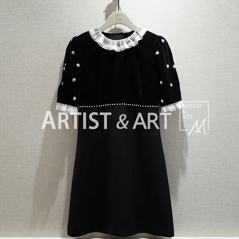 

Svoryxiu Designer Custom Summer Black Velvet Dress Women's Fashion Patchwork Lace Pearl Beaded High Waist Party Short Dresses