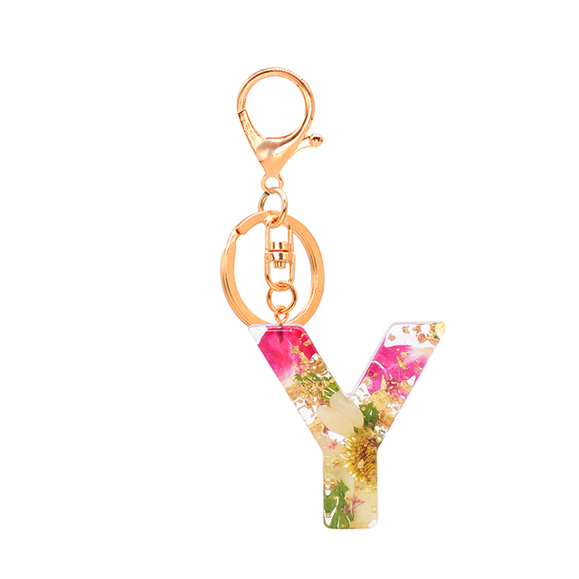 Dried Flower Letter Keychain Creative Colorful 26 English Letter Initial Resin Handbag Keyring Accessories For Women