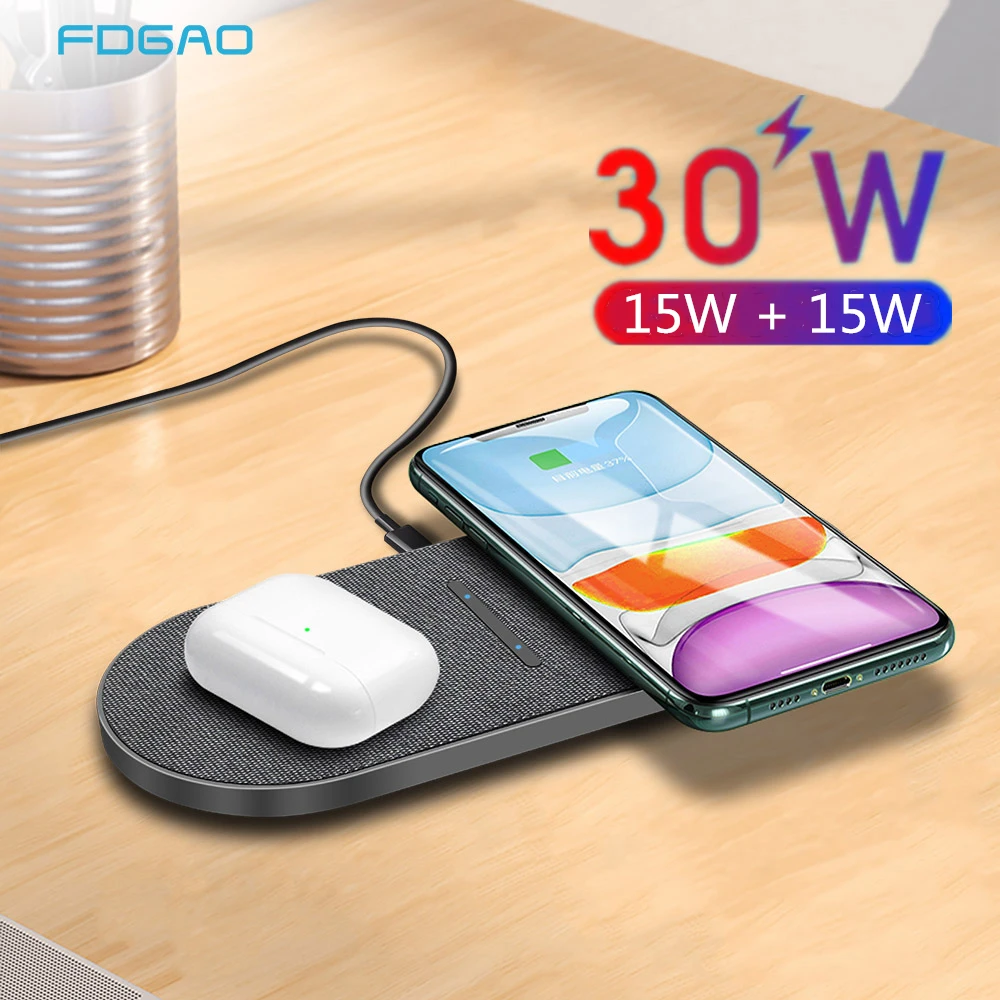 FDGAO 30W 2 in 1 Qi Wireless Charger for Samsung S21 S20 S10 Buds Dual Fast Charging Pad For iPhone 12 11 XS XR X 8 Airpods Pro