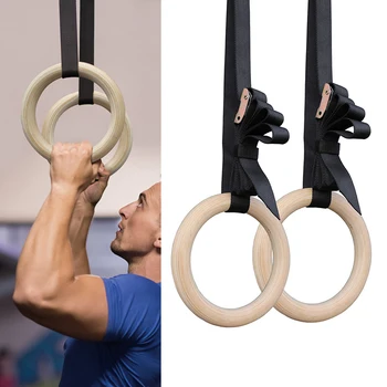

28/32mm Professional Wood Gymnastic Rings Gym Exercise Sport Pull Ups Muscle Ups Adjustable Long Buckles Straps Workout