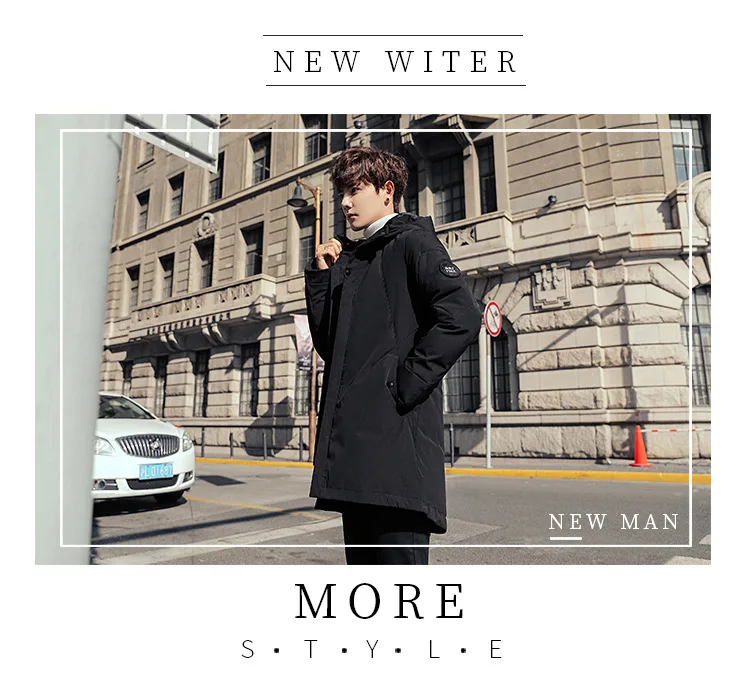 Off Season MEN'S down Jacket Thick Mid-length Trend Korean-style Handsome White Duck down Winter Hooded Coat Men's
