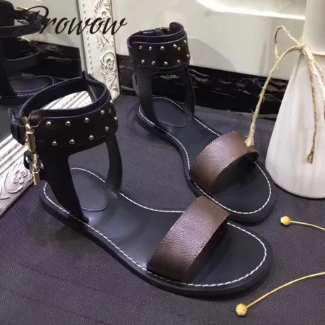 

Prowow 2020 New Fashion Spring Summer Black Genuine Leather Metal Studded Sandals Open Toe Flats Sandals Shoes Women