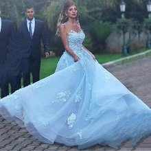 Платье для выпускного вечера, дизайн, сексуальные небесно-голубые платья, расшитые бисером с кружевной аппликацией, без рукавов, элегантные трапециевидные Длинные вечерние платья для женщин