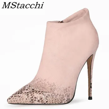 

MStacchi Ladies Flock Snakeskin Gradual Change Zipper Thin Heels Boots Mature Woman Pointed Toe Print Colour Mixture Short Boots