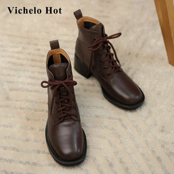 

Vichelo Hot work boots genuine leather all-match handmade round toe thick high heel lace up office lady dress ankle boots L0f1