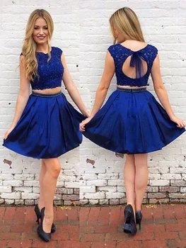 

Deep Blue Two Pieces Set Lace Appliques Beads Satin Cocktail Party Gown A-line Short Homecoming Dresses