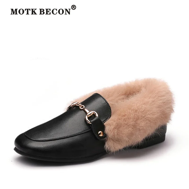 

Winter Slip On Shoes for Women Faux Leather Wool Flat Shoes Warm Snow Boots Ladies Fur Ankle Boots Moccasins Footwear P033