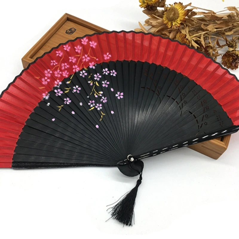 Handheld Fan Sakura Printing Folded Fans Spun Silk Bamboo Hand Held Props for Dancing Cosplay Home Office Wall Diy Decoration