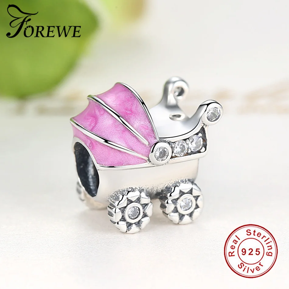 Forewe Genuine 925 Sterling Silver Pink Enamel Baby Carriage Dangle Charms fit Women Charm Bracelets Jewelry Family Gift