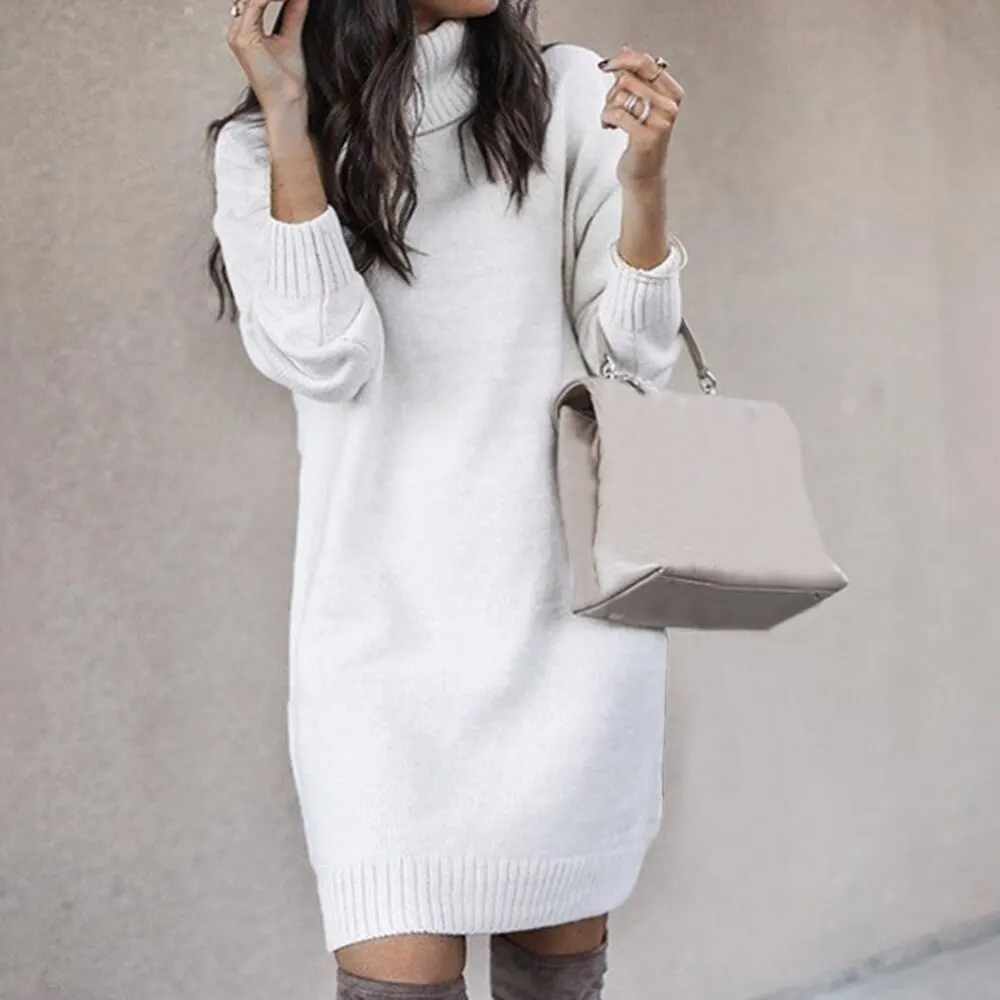 Women Autumn Winter Sweater Knitted Dresses Women Fashion Turtleneck Long Sweater Dress Ladies Warm Split Sweater Dress Dropship