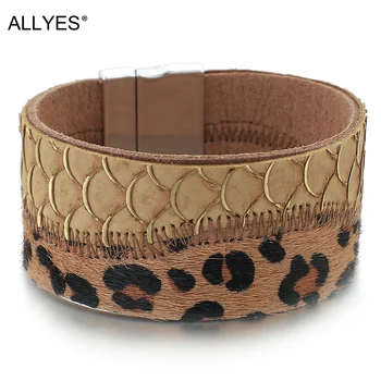 

ALLYES Vintage Leopard Print Horsehair Leather Bracelets for Women Retro Dragon Fish Scale Wide Wrap Bracelet Female Jewelry