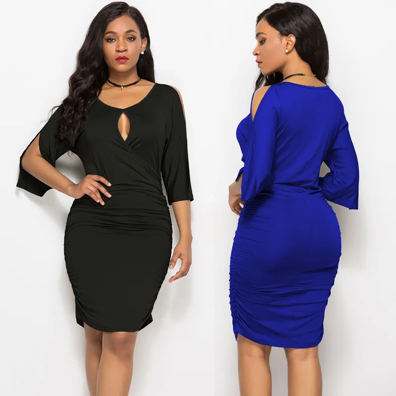 

Sexy V Neck Hollow Out Off Shoulder Mini Sheath Dress Split Casual Elegant Bodycon Ruched Lady Vestidos Party Package Hip Dress