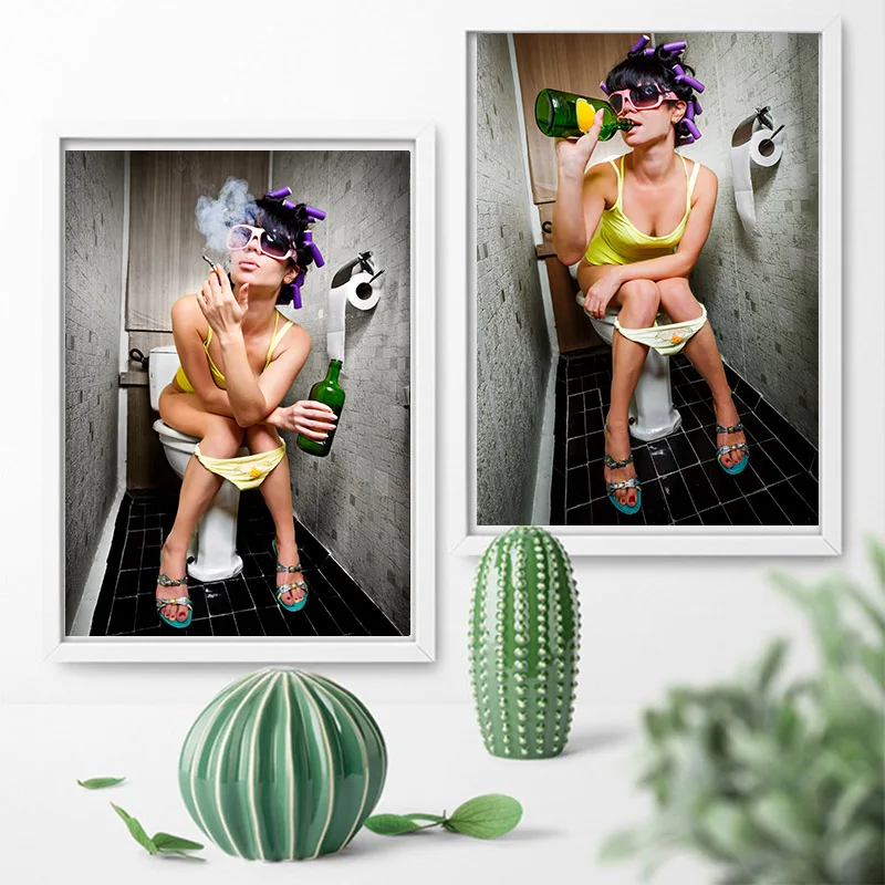 

Bar Wild Girl Wall Picture Poster Figure Portrait Canvas Painting Sexy Woman Smoking and Drinking in Toilet Wall Art Painting