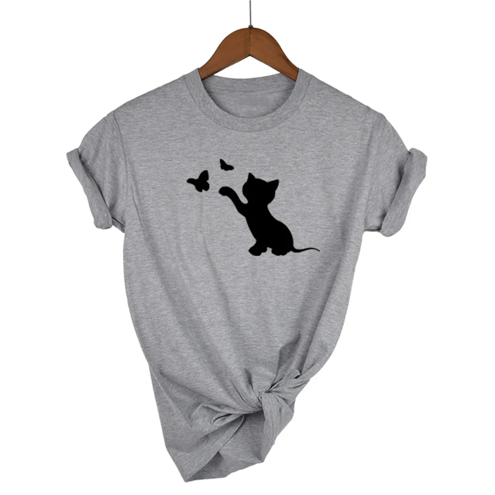 Женская футболка с принтом кошки и бабочки хлопковая Повседневная забавная для
