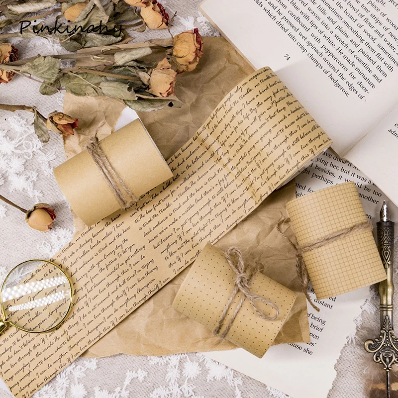 

English Letter Grid Kraft Paper Masking Tape Writable Washi Tape Retro Adhesive Decorative Tape DIY Scrapbooking Sticker Label