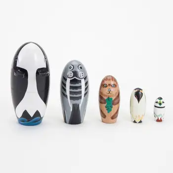 

5Pcs/Set Russian Matryoshka Dolls Wooden Whale Penguin Animal Matryoshka Nesting Dolls Figurines Kids Toy Souvenir Gift