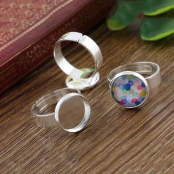 

12mm 10pcs Silver Plated Brass Adjustable Ring Settings Blank/Base,Fit 12mm Glass Cabochons,Buttons;Ring Bezels J2-09