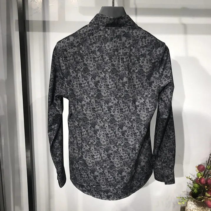 Европа Осень Черная Мужская рубашка повседневная с длинным рукавом Slim Fit Одежда Мужская соцованная Мода Город Уличная цветочный принт Camisa