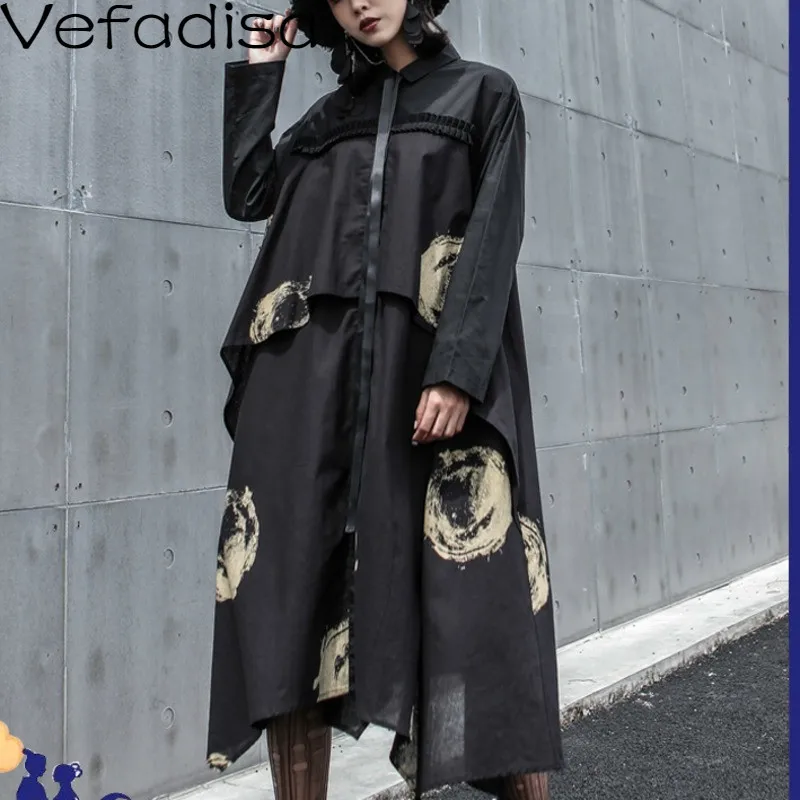 

Vefadisa Autumn Woman Casual Print Decoration Dress Loose Full Sleeve Dress Stand Single-breasted Knee-Length Dress 2019 QYF175