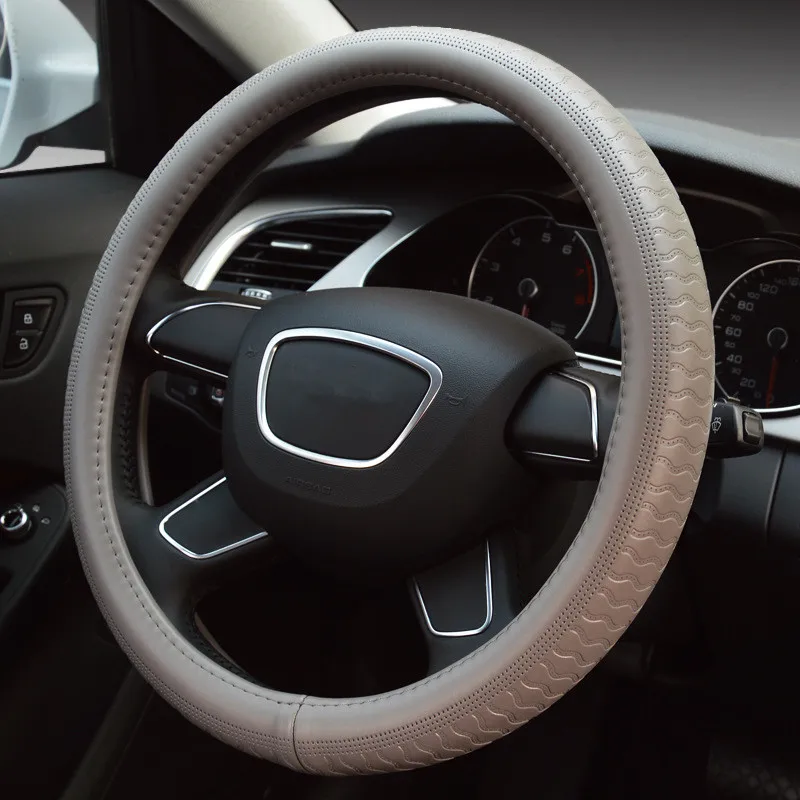 Роскошный черный чехол рулевого колеса автомобиля из натуральной кожи, всесезонный Противоскользящий автомобильный чехол для руля, универсальный чехол для автомобиля 38 см