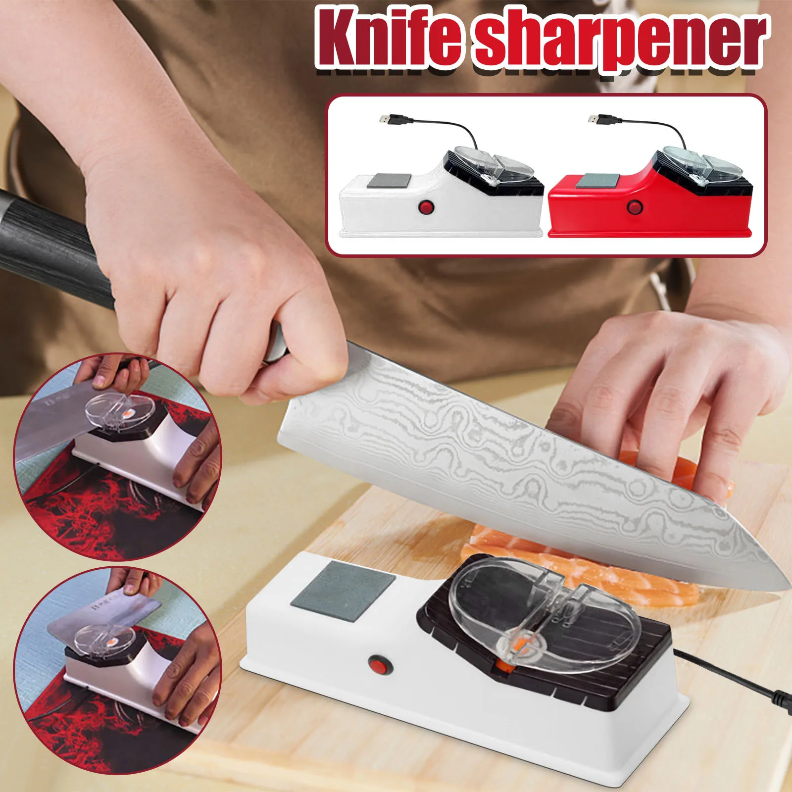 Double Sided Electric Knife Sharpener Kitchen Knives Tool USB Knife Scissor Sharpening White