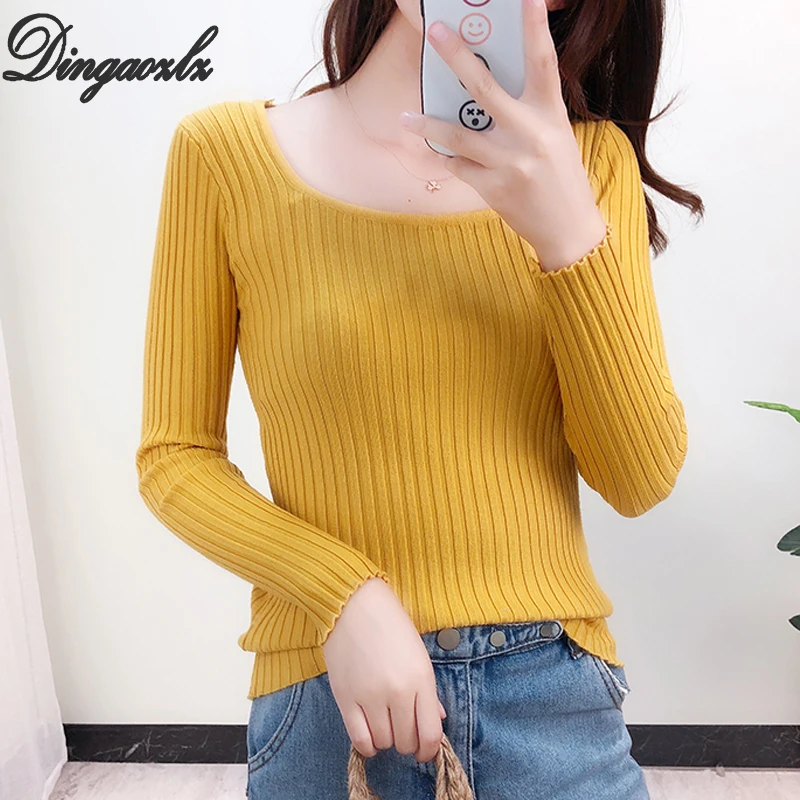 

Dingaozlz 2019 New Female Top New fashion Women elasticity shirt Slim Knitted Sweater Solid color Women Pullovers