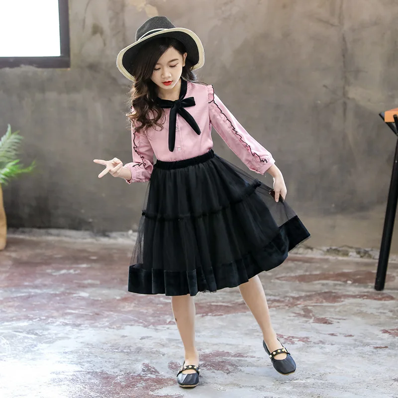 

2019 Spring Korean-style GIRL'S Shirt Skirt Set Big Boy Fashionable Bow Hollow out Layered Skirt Two-Piece Set