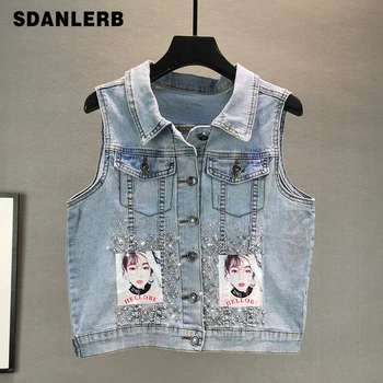 

Denim Jacket Women 2020 Spring and Summer New Tide Hot Drilling Beads Stickers Sleeveless Short Vest Coat Girls Ladies Vest