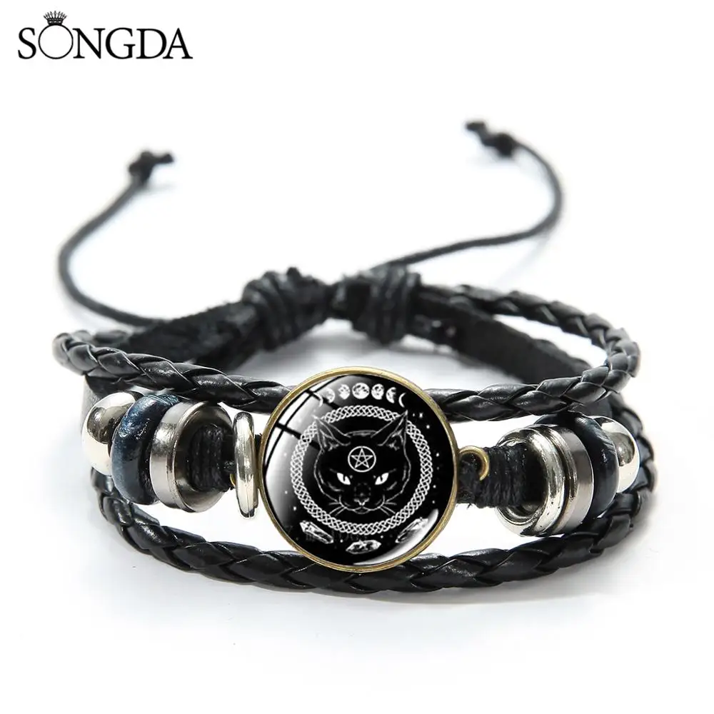 SONGDA, мистический Черный кот, Wicca, очаровательный браслет, Wicca, пентаграмма, черная ведьма, кот, узор, многослойный кожаный браслет, амулет в подарок