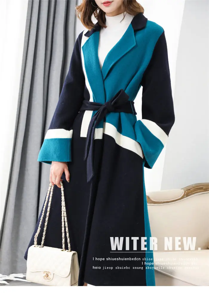 Новое роскошное шерстяное пальто для женщин, модный дизайн, контрастная прострочка, Длинная ветровка, элегантное, размера плюс, осенняя зимняя куртка F2174