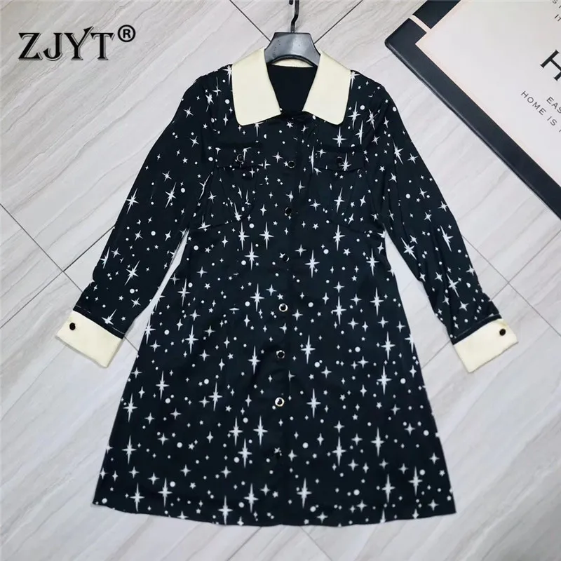 

2020 New Spring Designer Runway Dress Women Elegant Long Sleeve Turn Down Collar Star Print Dress Casual Vestidos