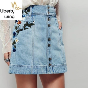 

Summer Jeans Women A-Line Denim Skirts Vintage High Waist Mini Skirt Slim Button Embroidery Casual Female Bottoms