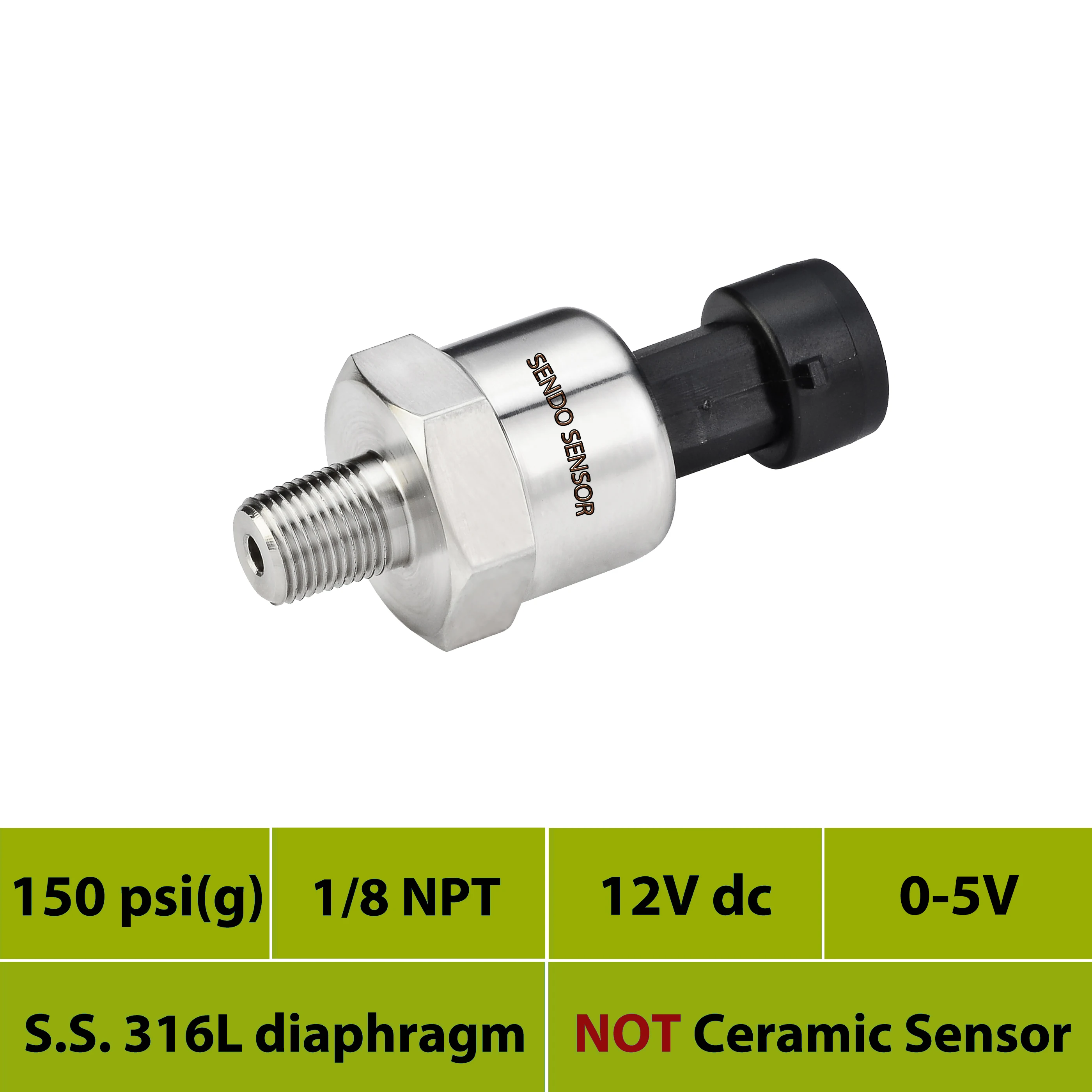 

0 150 psi, 10 bar, 1 mpa gauge, pressure sensor, 1 8npt thread, 0 5 V signal,12V 24V dc supply, stainless steel diaphgram, IP65
