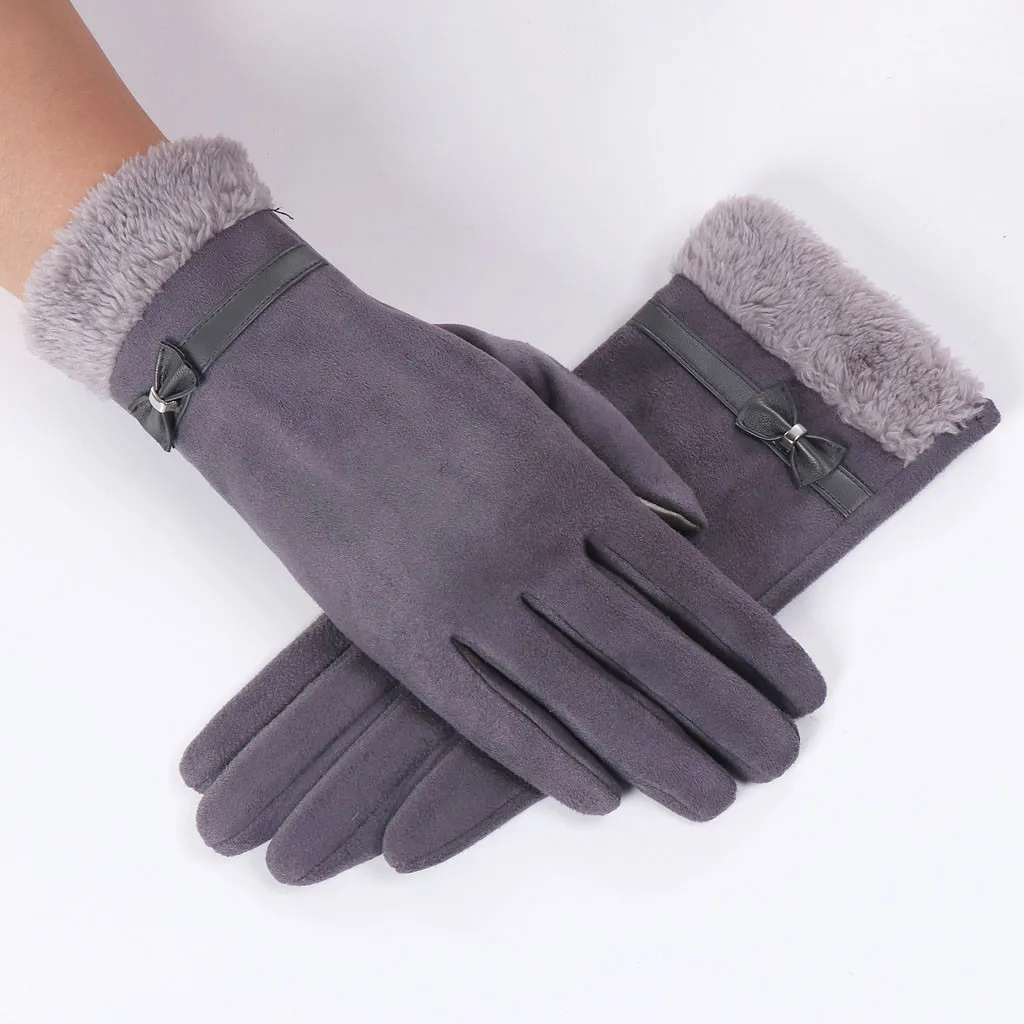 Black elegant Bow leather Pearl gloves full Finger Outdoor Women Thicken Winter mittens Warm Bowknot Thermal Fleece Gloves