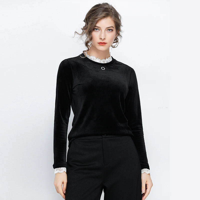 

EC.MS Round neck Base Blouse Women's Casual Spring Winter Plus Thin Plush Lace Cuff Large Size Black Cloth L-5XL