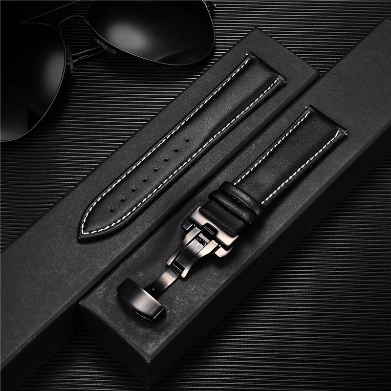 Premium Leather Watchband with Stainless Steel Butterfly Buckle