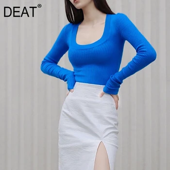 

DEAT Early Autumn new large round neck sexy elastic slim knit shirt long sleeve fashion pullover base shirt
