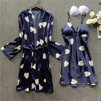 

Print Satin 2PCS Robe Set Sleepwear Lady Silky Nightwear Kimono Bathrobe Gown Nighty&Robr Suit Casual Nightgown Nightdress