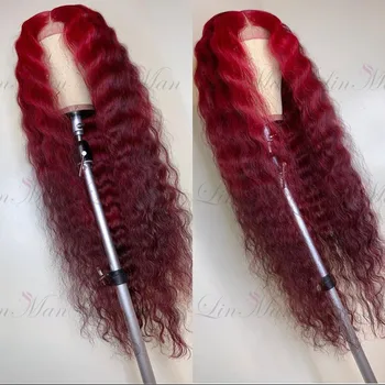 13×6 Dark Red&Wine Red Color Lace Front Human Hair Wig Remy Brazilian Deep Wave Hair Ombre Lace Wig for Women 2